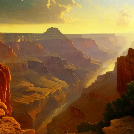 Image similar to a beautiful ultra - detailed realistic oil painting of the grand canyon by albert bierstadt, emanuel leutze, and george caleb bingham. wallpaper 4 k. sunset. no people