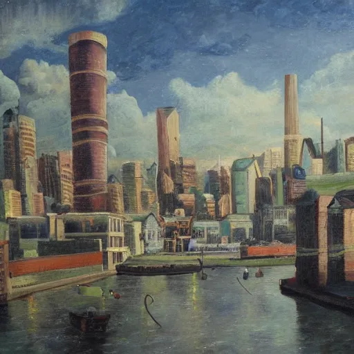 Prompt: the reconstruction of a city oil painting