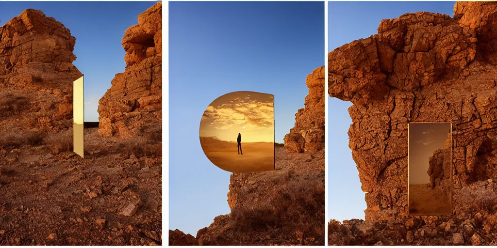 Image similar to levitating ghost silhouette with full - face golden mask in a dry rocky desert landscape, visible sky and sunny atmosphere, fata morgana and giant square mirrors by alejandro jodorowsky, anamorphic lens, kodakchrome, practical effects, masterpiece, 8 k