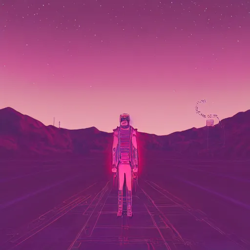 Image similar to realistic man standing in high desert, cyberpunk, digital art, trending on artstation, neon, desert, stars, vaporwave, retrowave, synthpop, 1 9 8 0 s, colorful, glowing, purple