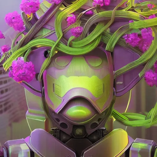 Image similar to colourful vfx art - portrait of army mecha robot wrapped in flowers & vines, art by hsiao - ron cheng & james jean, volumetric light, ray tracing, sharp, detailed, digital painting, illustration, highly detailed, intricate detail, unreal engine, octane render, pinterest, behance, art station,