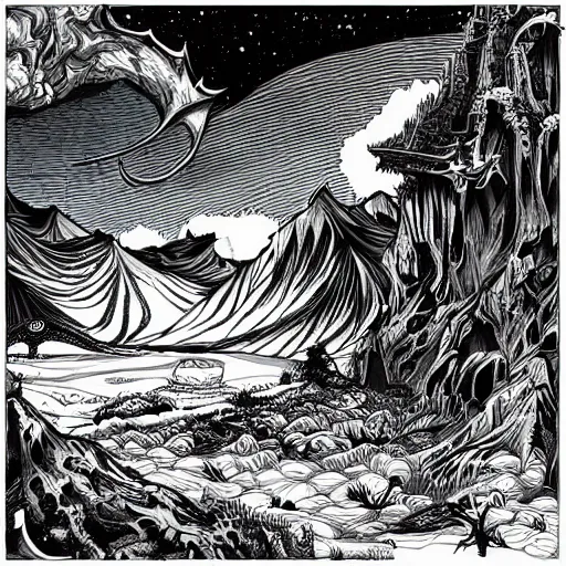 Prompt: impressive fantasy landscape, beautiful line art, square sticker, ink illustration, pure b & w, engraving illustration, sticker art