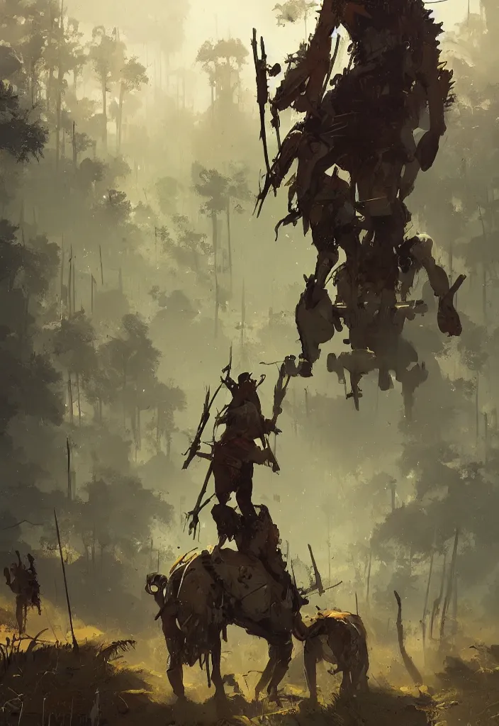 Image similar to ismail inceoglu epic painting of ancient tribal war, forest, smoke and mist, painting, line art, art concept for a book cover, trending on artstation, by greg manchess and by craig mullins and by kilian eng and by jake parker