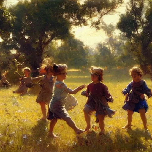 Prompt: detailed wide shot of children playing in the field, spring light, painting by gaston bussiere, craig mullins, j. c. leyendecker