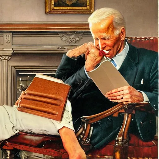 Image similar to eye level realistic portrait painting by Norman Rockwell of Joe Biden sitting in a chair. Cozy fire. Legs apart