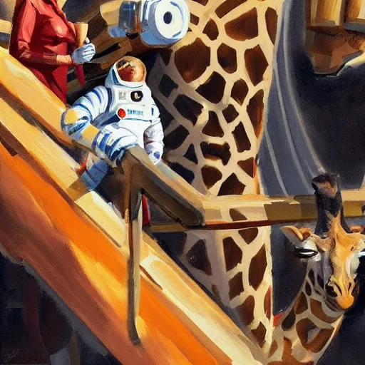 Image similar to a giraffe astronaut drinking tea with queen isabel, trending on artstation, art by greg manchess, guangjian, detailed digital art, artstation hd