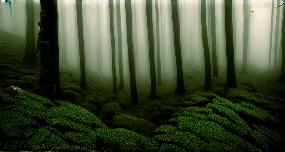 Image similar to deep inside the forest, fog, mist, moss, ferns, by ansel adams, polaroid