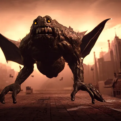 Image similar to cinematography picture with monster with bat wings, cyclope eye, big claws, several arms, hiding in the dark, 8k, unreal engine 5, hyperrealistic quality, ps5