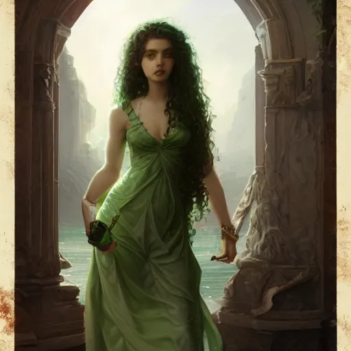 Prompt: gorgeous italian girl with ringlets holding a green potion, HD, D&D 4k, 8k, incredibly detailed, intricate, masterpiece, digital illustration by greg rutkowski and tom bagshaw, trending on artstation, character design, concept art