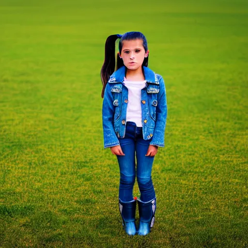 Image similar to a seven years old spanish girl plays on a great green meadow, she wears a jacket, jeans and boots, she has two ponytails, photo taken by a nikon, highly detailed, sharp focus