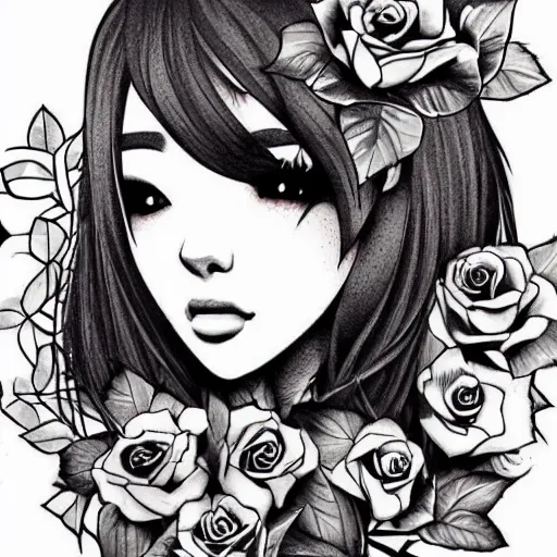 Image similar to tattoo design, stencil, beautiful japanese girls face, roses and ivy surrounding by artgerm, artgerm, cat girl, anime