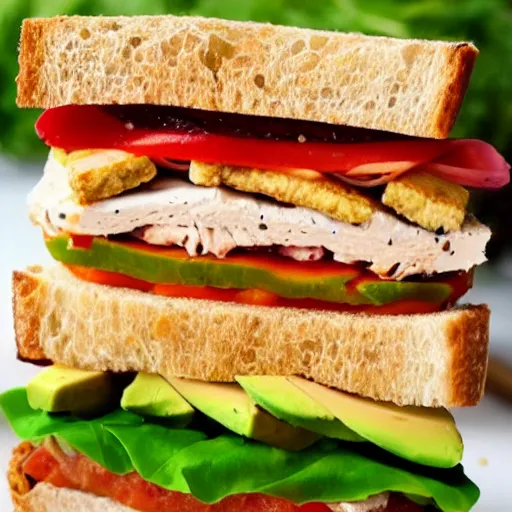 Image similar to sandwich with fried tofu, one red tomato slice, mayo, onion, avocado, melted cheddar, red dish, background : jupiter and stars in the sky