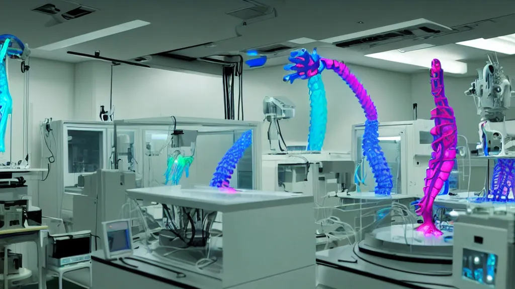 Image similar to a complex bifurcated surgical arm hybrid mri 3 d printer machine making colorful mutant forms with control panels in the laboratory inspection room, film still from the movie directed by denis villeneuve with art direction by salvador dali, wide lens