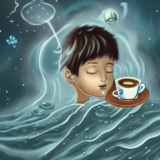 Image similar to a boy with dark eyes full of cosmic nebulae drowning in a roiling ocean of coffee spilling from a little coffee mug, nostalgic melancholic artwork