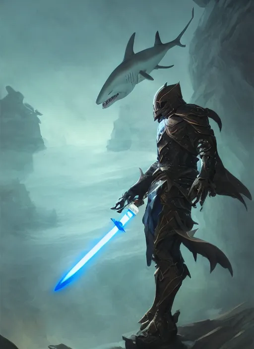 Prompt: side portrait of a shark knight holding a double bladed lightsaber, fantasy, d & d, heartstone, digital painting, volumetric light, intricate, sharp, focus, bloom, illustration, highly detailed, concept art, matte, ruan jia, randy vargas, greg rutkowski