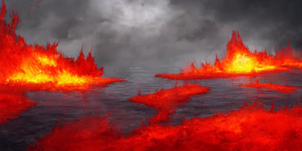 Prompt: a boiling, roiling and flaming red sea, geysers of steam, illustration, raining, dark and moody lighting, at night, digital art, oil painting, fantasy, 8 k, trending on artstation, detailed