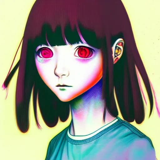 Prompt: full view of girl from serial experiments lain, style of yoshii chie and hikari shimoda and martine johanna, highly detailed