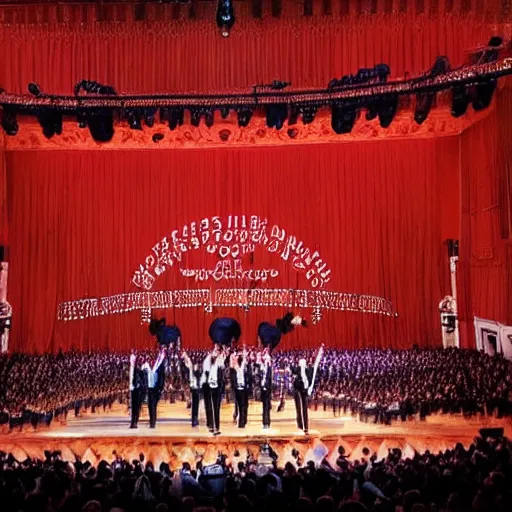 Prompt: documentary photo of The Beatles live perform at in honor of the anniversary of the October Revolution at kremlin concert hall, 4k resolution, cinematic
