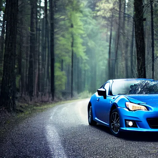 Image similar to Subaru BRZ driving down a beautiful forest road, cinematic, motion blur, high resolution, sharp, detailed, commercial, advertisement,