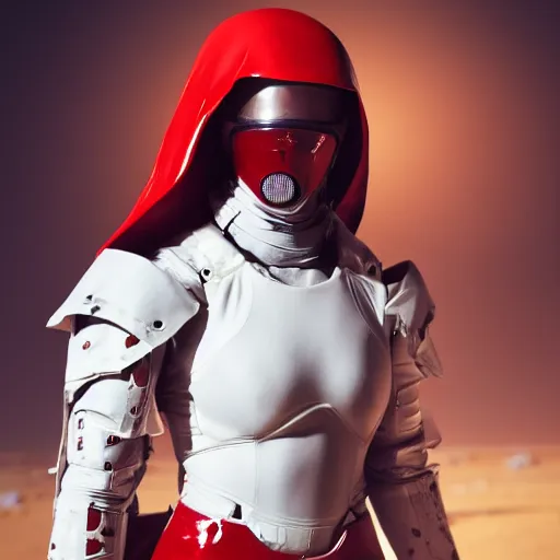 Image similar to a young female soldier wearing blood-spattered glossy sleek white dinged scuffed armor and a long torn red cape, heroic posture, determined expression, elegant, no helmet, on the surface of mars, dramatic lighting, cinematic, sci-fi, hyperrealistic, detailed