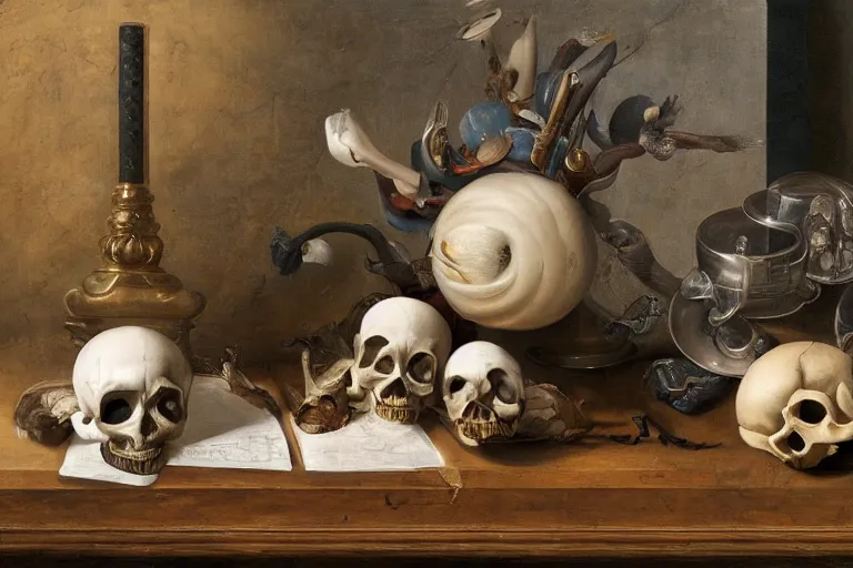 Image similar to a vanitas painting from the 21st century by clara peeters and pieter claesz with a skull but also with air pods, a smartphone and a huge NVIDIA RTX GPU , cables, wires