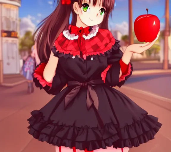 Prompt: a cute girl wearing a lolita dress, she is walking in a busy street, she is holding a red apple, anime art, hd, smooth