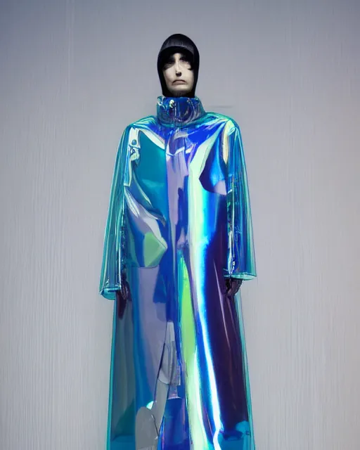 Prompt: an award winning fashion photograph of Balenciaga's transparent raincoat by Catherine Opie and Demna Gvasalia, cyberpunk, futuristic, Bladerunner 2049, dazzle camouflage!, chromatic, pearlescent, prismatic, dayglo pink, dayglo blue