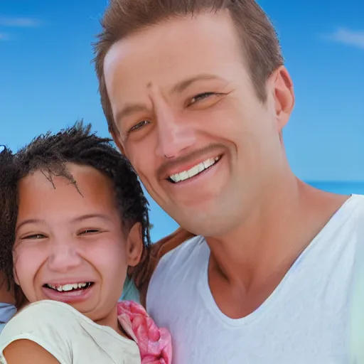 Image similar to portrait of a happy family on a beach, realistic shaded perfect face, extremely fine details, realistic shaded lighting, 8 k ultra realistic, highly detailed, ultra detailed