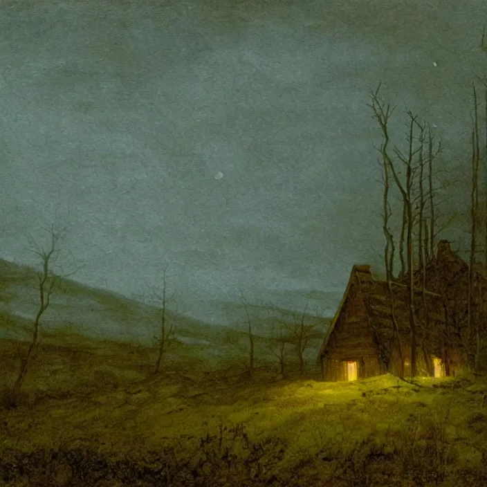 Image similar to painting of a cabin in the moorland by caspar david friedrich, at night, eerie, supernatural