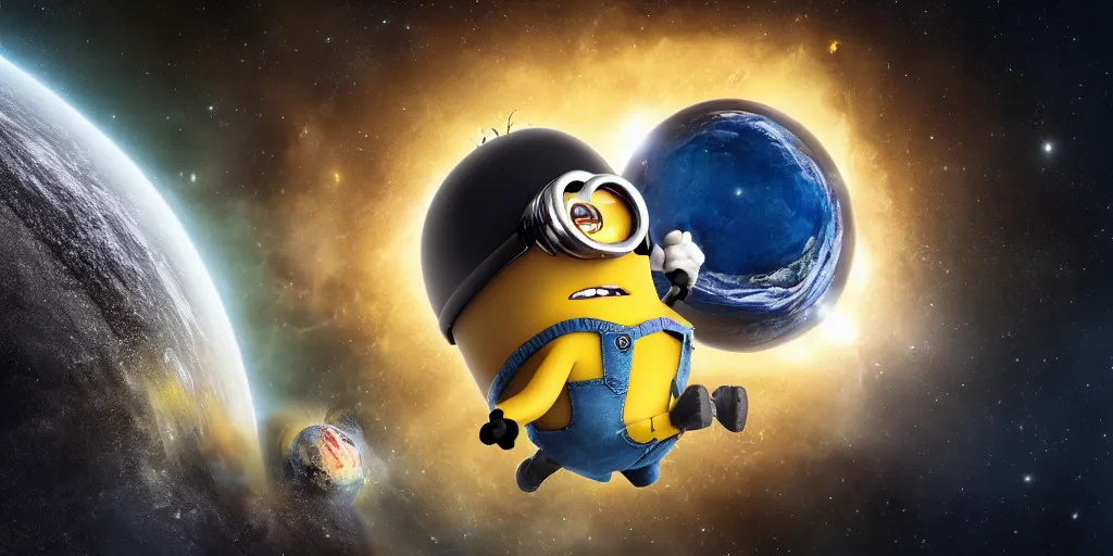 Prompt: a giant minion devouring a planet with its mouth made of blackhole, hyper realistic