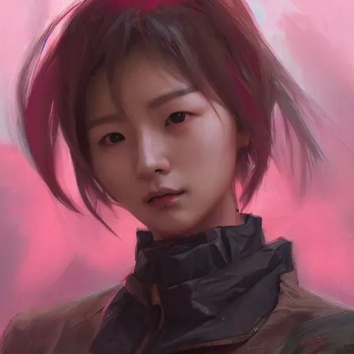 Image similar to Korean cyberpunk female wearing pink techwear jacket and military cargo pants, trending on artstation by Ruan Jia and Mandy Jurgens and Artgerm and william-adolphe bouguereau