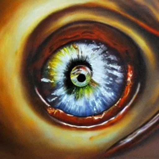 Prompt: one round human eyeball in the ashtray, oil paiting, highly detailed, masterpiece