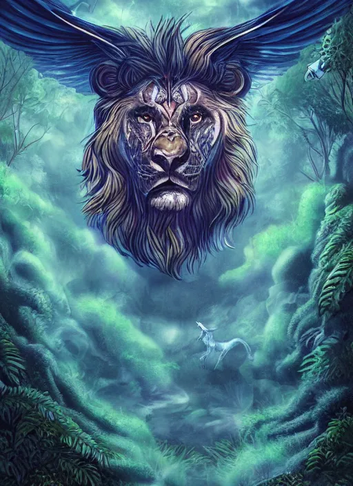Image similar to portrait of a mythological beast with lion face and bird wings in the middle of a lush forest at night. diffuse neon light, dramatic landscape, fantasy illustration, matte painting