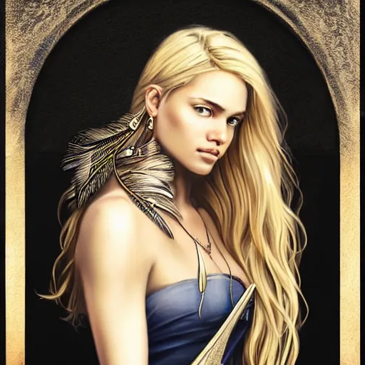 Image similar to sketch drawing of beautiful greek goddess aphrodite with arrowhead earrings and beautiful feather jewelry, beautiful piercing eyes, beautiful blonde hair, hyper realistic face, in the style of greg rutkowski, fantasy, amazing detail, epic, elegant, smooth, sharp focus, from the front