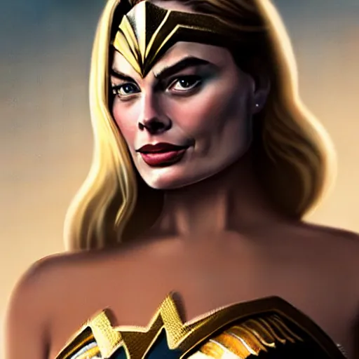 Prompt: A realistic portrait of margot robbie as wonder woman