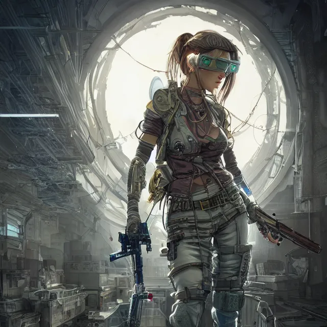 Image similar to the portrait of lawful neutral female cyberpunk infantry sniper as absurdly beautiful, gorgeous, elegant, young woman looking up, an ultrafine hyperdetailed illustration by kim jung gi, irakli nadar, intricate linework, bright colors, octopath traveler, final fantasy, unreal engine 5 highly rendered, global illumination, radiant light, detailed and intricate environment