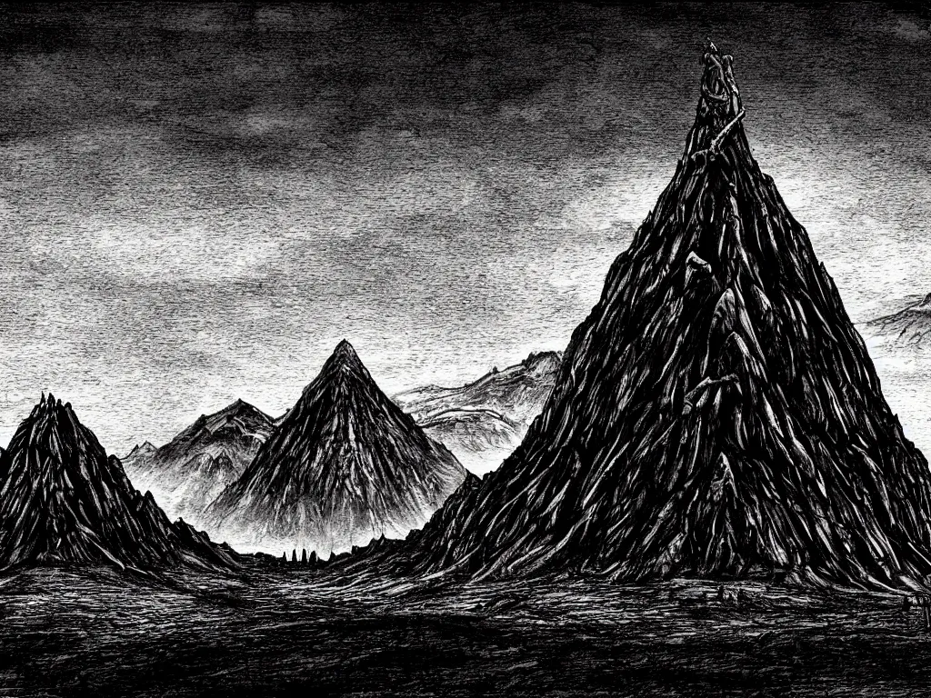 Prompt: Tolkien Lord of the Rings landscape Mount Doom Mordor in the style of HR Giger