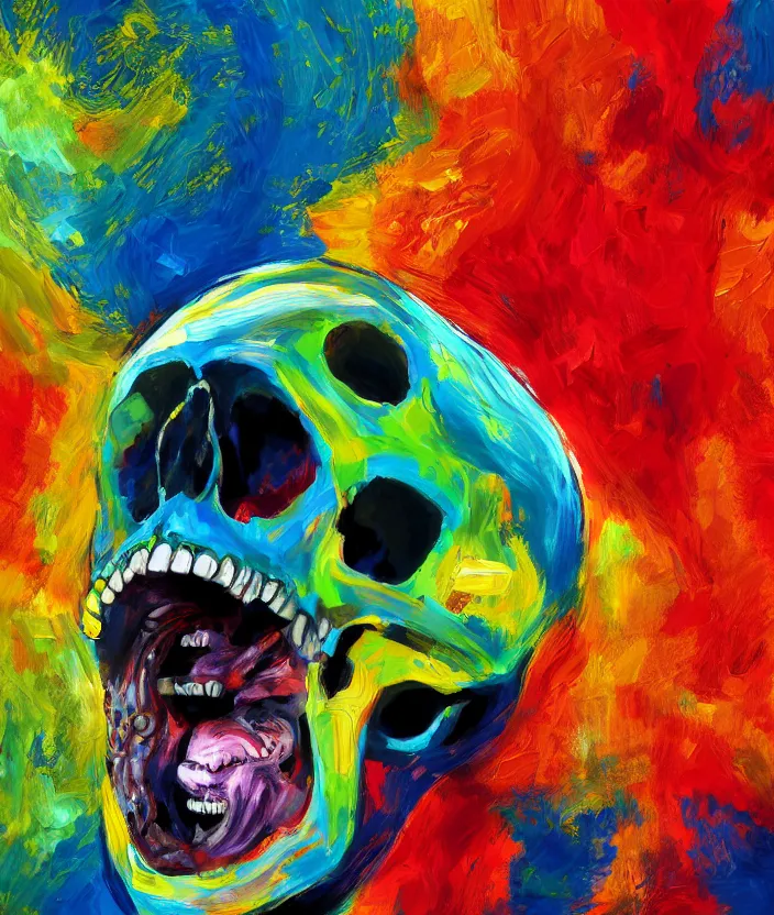 Image similar to a colorful portrait painting of a screaming man with a skull as his head, in the style of stephen gibb, digital art, 4 k,