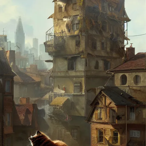 Prompt: a highly detailed oil painting of a giant cat smashing houses, renaissance, bystanders watching from the sides, 4 k, by greg rutkowski, artstation,