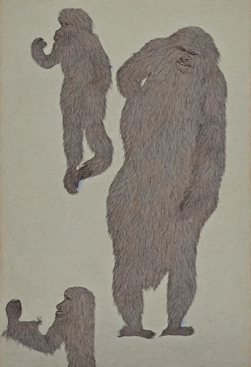 Image similar to inuit painting of one yeti standing on the tundra