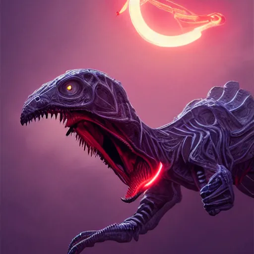 Image similar to a detailed tarot card of a futuristic cyborg velociraptor, neon outline, mouth open in a terrifying roar, 8 k, artstation, art by greg rutkowski, pixiv