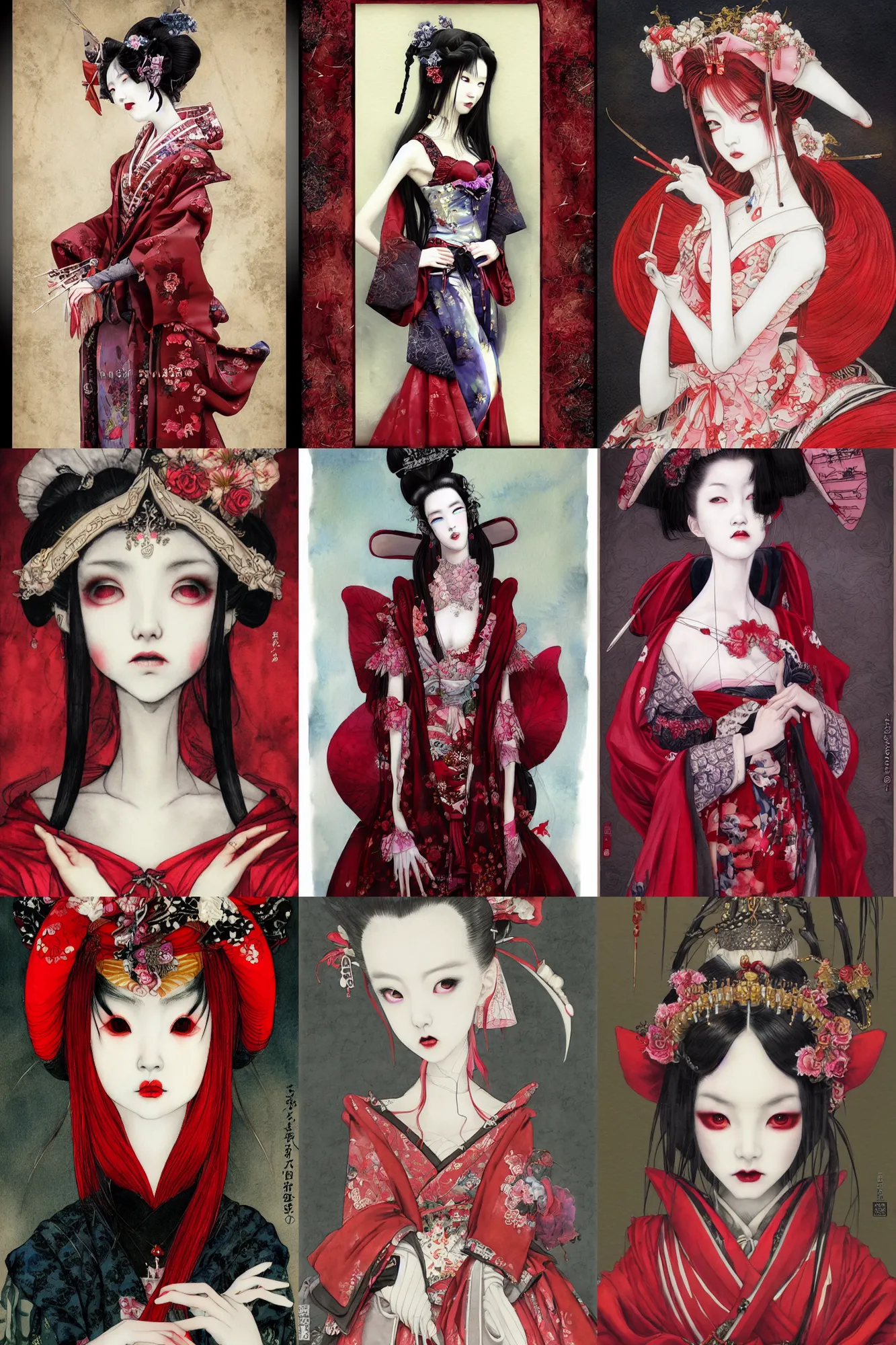 Prompt: watercolor painting of a japanese bjd geisha vampire queen with a long neck in a victorian lolita fashion red dress in the style of dark - fantasy painted by yoshitaka amano, tom bagshaw, ayami kojima, dmt art, symmetrical vogue face portrait, intricate detail, artstation, cgsociety, artgerm, rococo