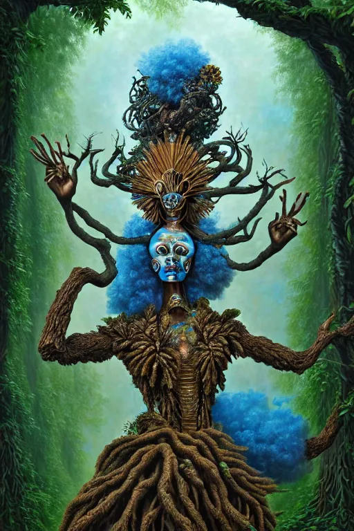 Image similar to hyperrealistic post-rococo super expressive! black woman with exoskeleton armor, merging with tree in a forest, highly detailed digital art masterpiece smooth cam de leon hannah yata dramatic pearlescent blue teal light ground angle hd 8k sharp focus