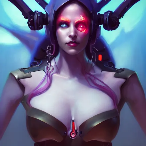 Prompt: a portrait of a beautiful cybernetic succubus, cyberpunk concept art by pete mohrbacher and wlop and artgerm and josan gonzales, digital art, highly detailed, intricate, sci-fi, sharp focus, Trending on Artstation HQ, deviantart, unreal engine 5, 4K UHD image