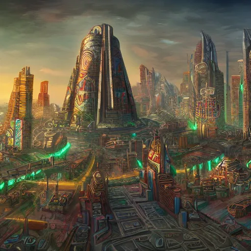 Prompt: Futuristic Aztec city, very detailed, digital art, trending on art station