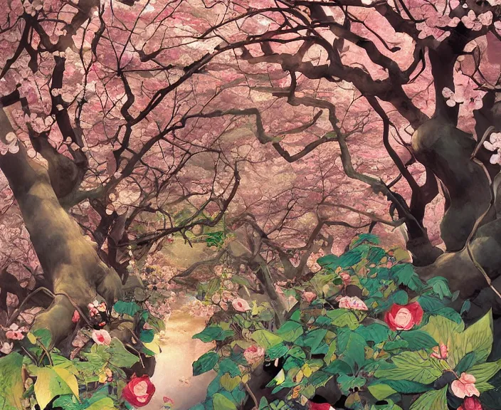 Prompt: cherry blossom jungle with rose petal vines swirling around tree trunks, by shigenori soejima, by frank frazetta, digital painting masterpiece, beautiful brush strokes, advanced lighting technology, symmetry!!!