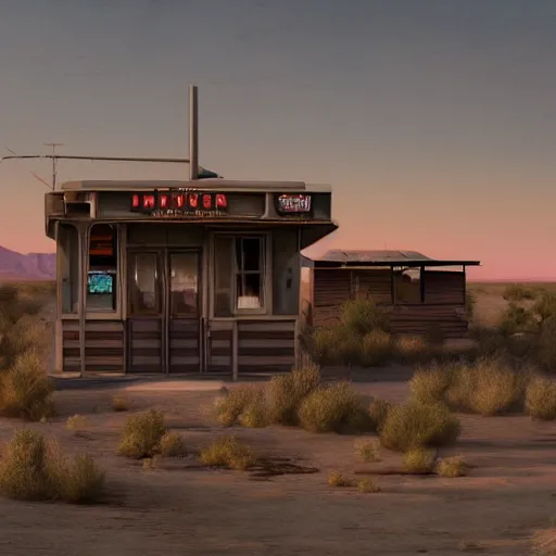 Prompt: abandoned diner in the desert by jon mccoy, sunset, cinematic, cinematic lighting, photorealistic, hyperdetailed 3 d matte painting, iridescent, deviantart, trending on artstation, concept art
