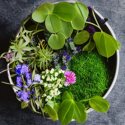 Prompt: plants, flowers, trees being mixed in a bowl