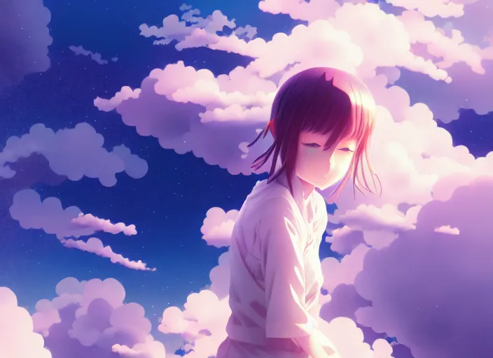 Image similar to anime a young a girl floating inside clouds,ink, Karolis Strautniekas,omoide emanon, tsuruta kenji, murata range,kawaii, kyoto animation, manga, intricate, detailed, studio lighting, gradation,editorial illustration, matte print, Ilya Kuvshinov