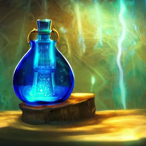 Prompt: striking digital art of a mana potion, glowing blue liquid in a glass flask, dramatic light, background = alchemist\'s workshop, god rays, wood table, medieval, lighting shining through a window, magic in the air, vibrant colors, trending on artstation